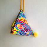 Origami dumpling bag , small cute triangle pom pom bag , colorful crossbody shoulder bag | Yellow dragon