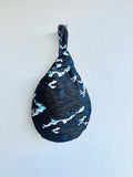 Origami small knot bag , wrist Japanese inspired bag , reversible fabric cute bag | Blue flowers swimming over the sea at night