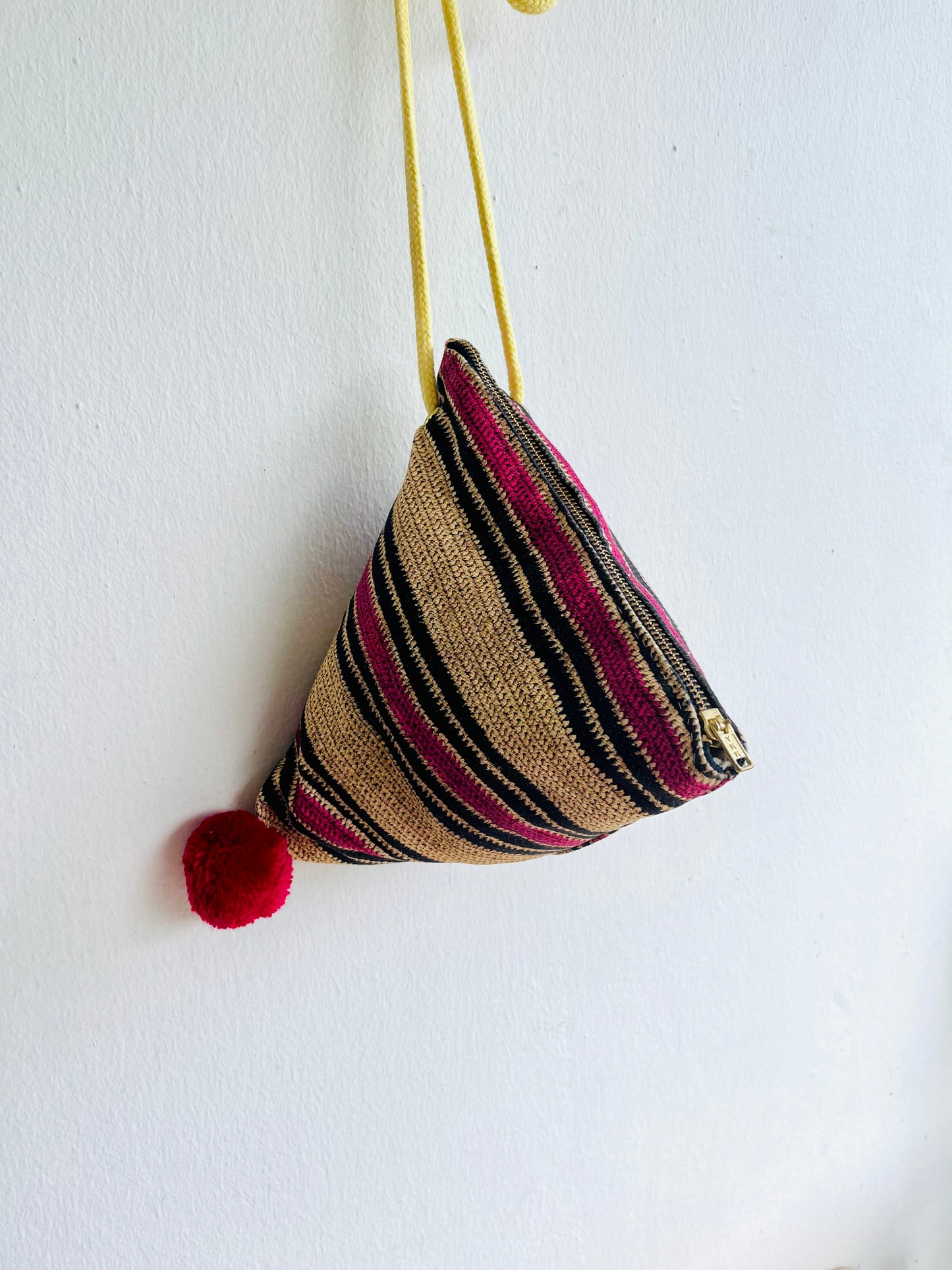 Origami dumpling bag , fabric triangle small bag , Pom Pom cook bag , eco friendly cross body bag | Woven