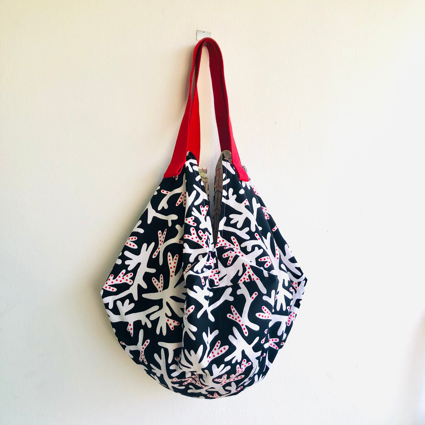 Sac origami bag , reversible Japanese inspired bag , eco friendly fabric shopping bag | Forest with geometries