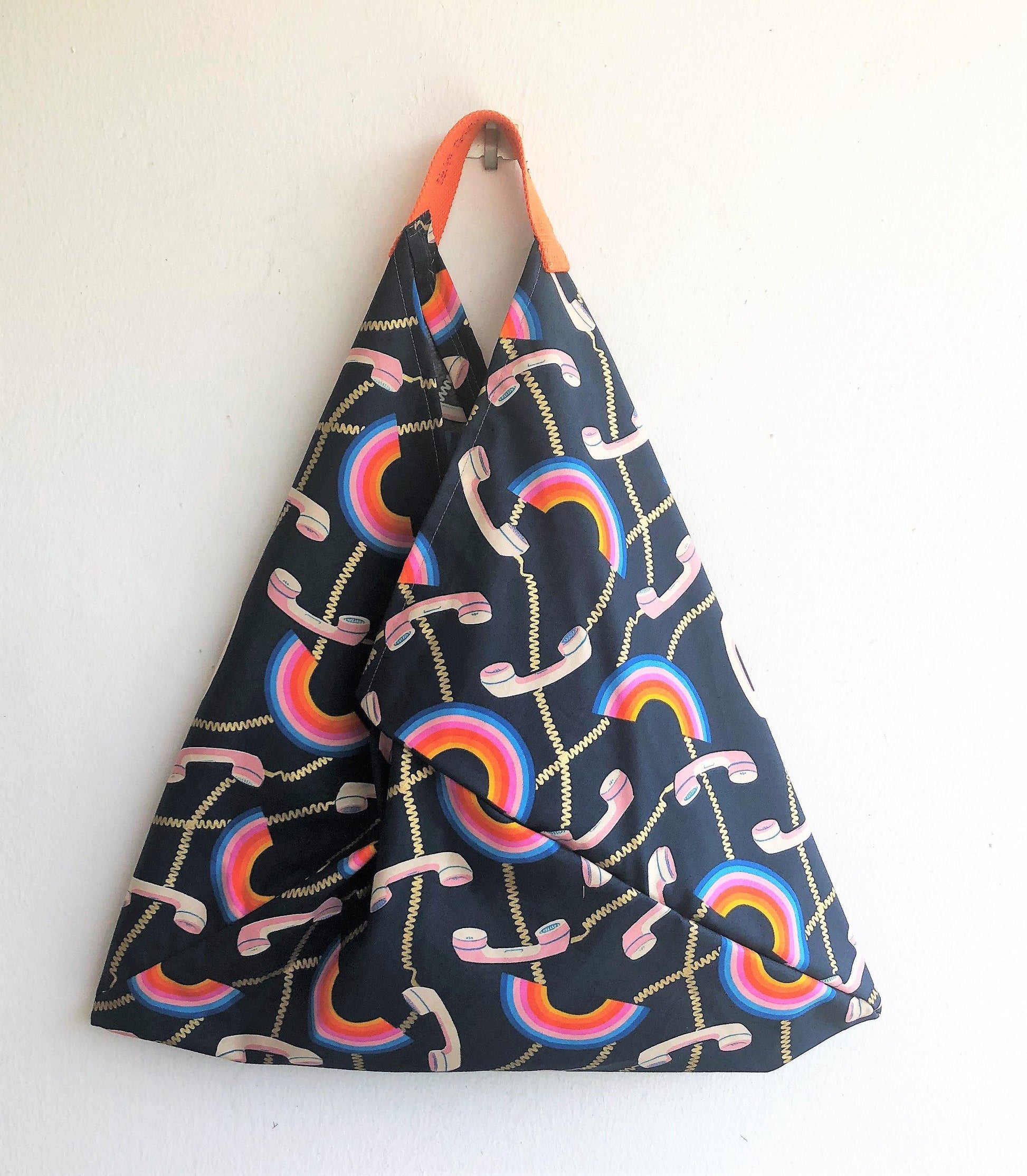 Origami bento bag, shoulder triangle tote bag, cool vintage print fabric bag | Call me, again - Jiakuma