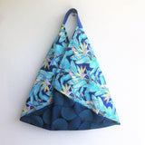 Origami bento bag, shoulder tropical parrot blue fabric bag, eco shopping tote | Tropical blue - Jiakuma