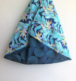 Origami bento bag, shoulder tropical parrot blue fabric bag, eco shopping tote | Tropical blue - Jiakuma