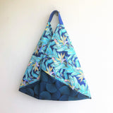 Origami bento bag, shoulder tropical parrot blue fabric bag, eco shopping tote | Tropical blue - Jiakuma