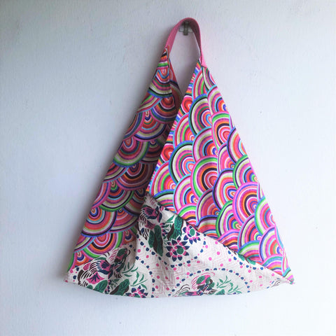 Shoulder ooak fabric origami tote bag, bento eco bag, handmade triangle tote | Shanghai & Rainbows - Jiakuma