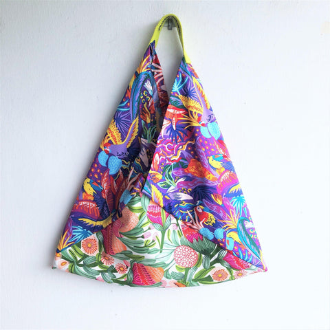 Summer origami bento bag, shoulder fabric cotton shopping bag | Flowers & Parrots - Jiakuma