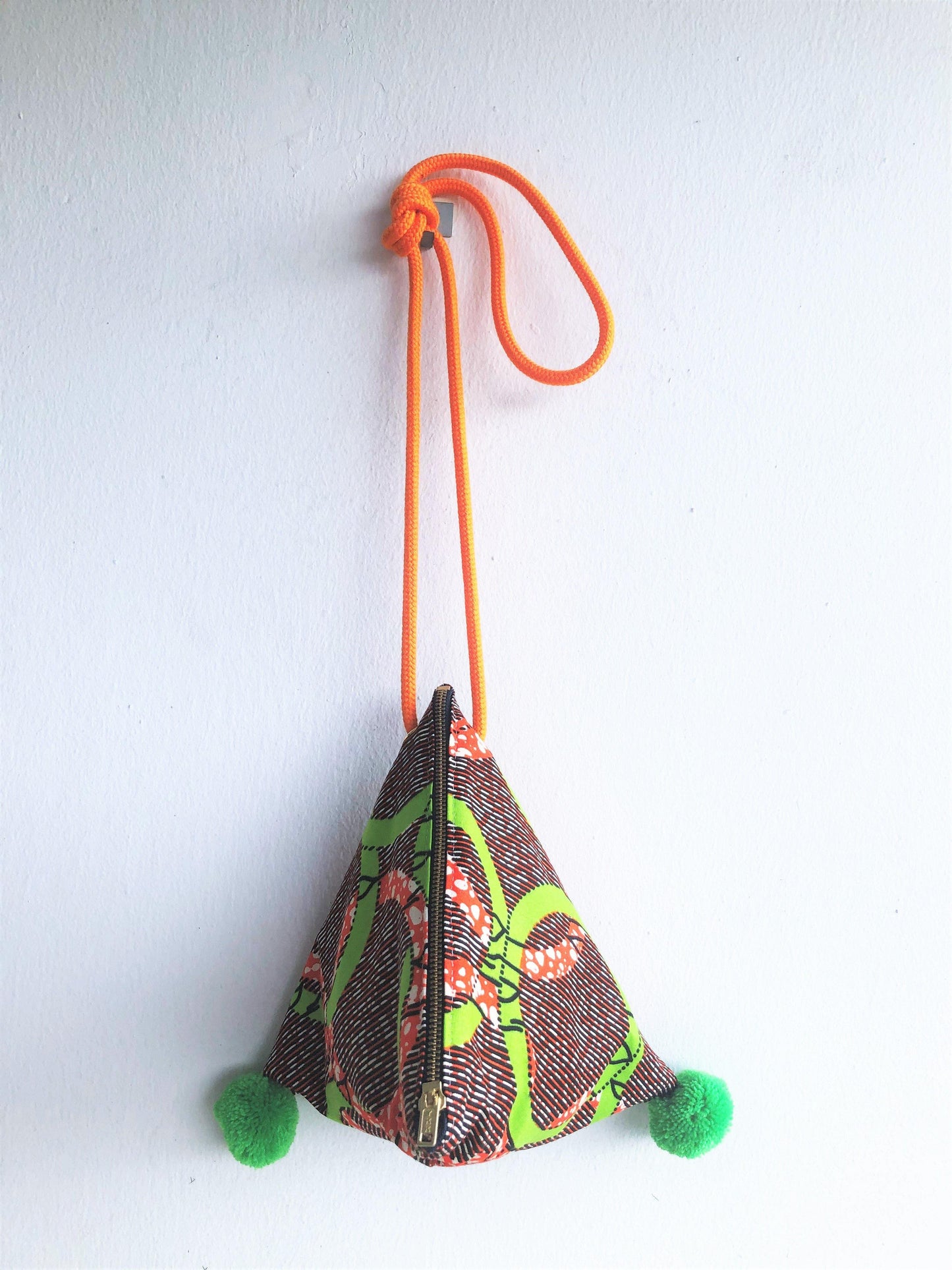 Dumpling triangle origami shoulder bag , cute pom pom eco bag, African textile | Ghana - Jiakuma