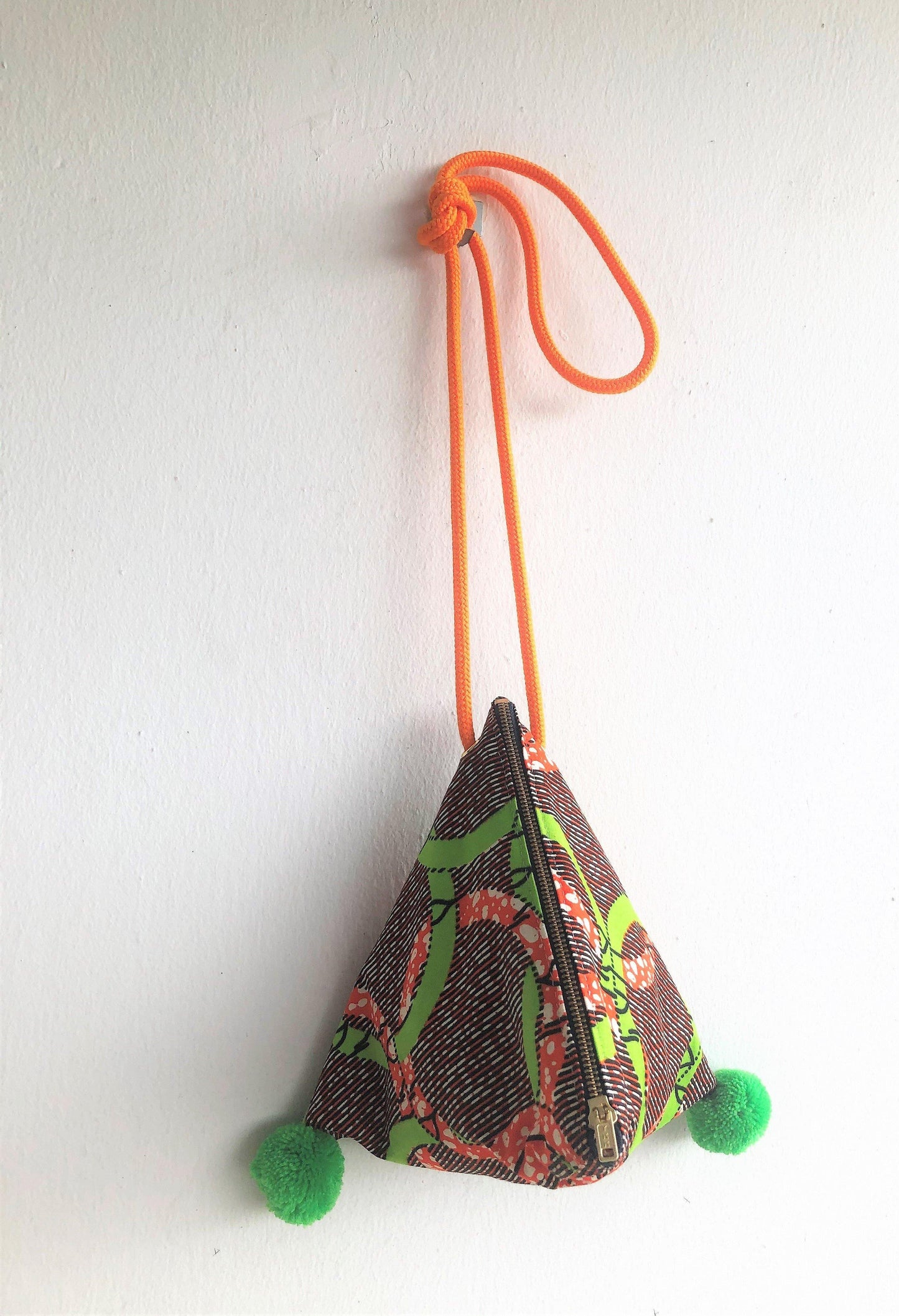 Dumpling triangle origami shoulder bag , cute pom pom eco bag, African textile | Ghana - Jiakuma