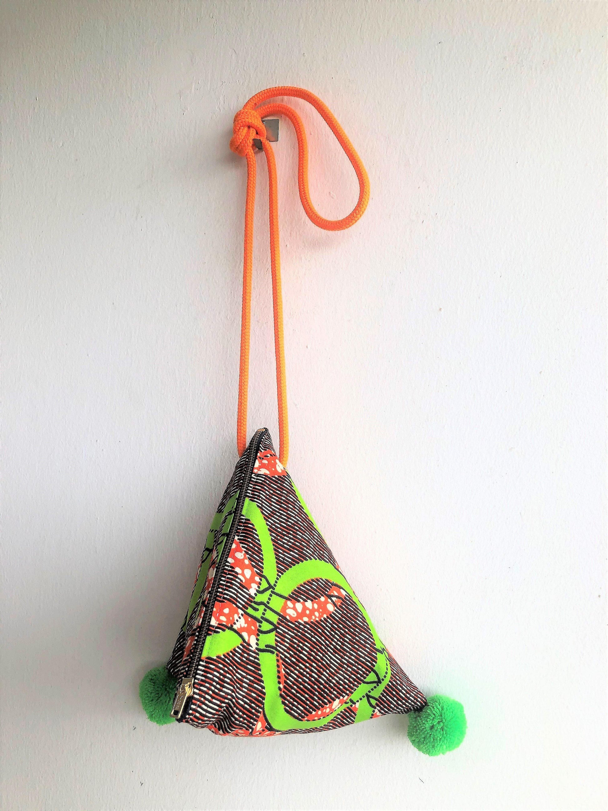 Dumpling triangle origami shoulder bag , cute pom pom eco bag, African textile | Ghana - Jiakuma