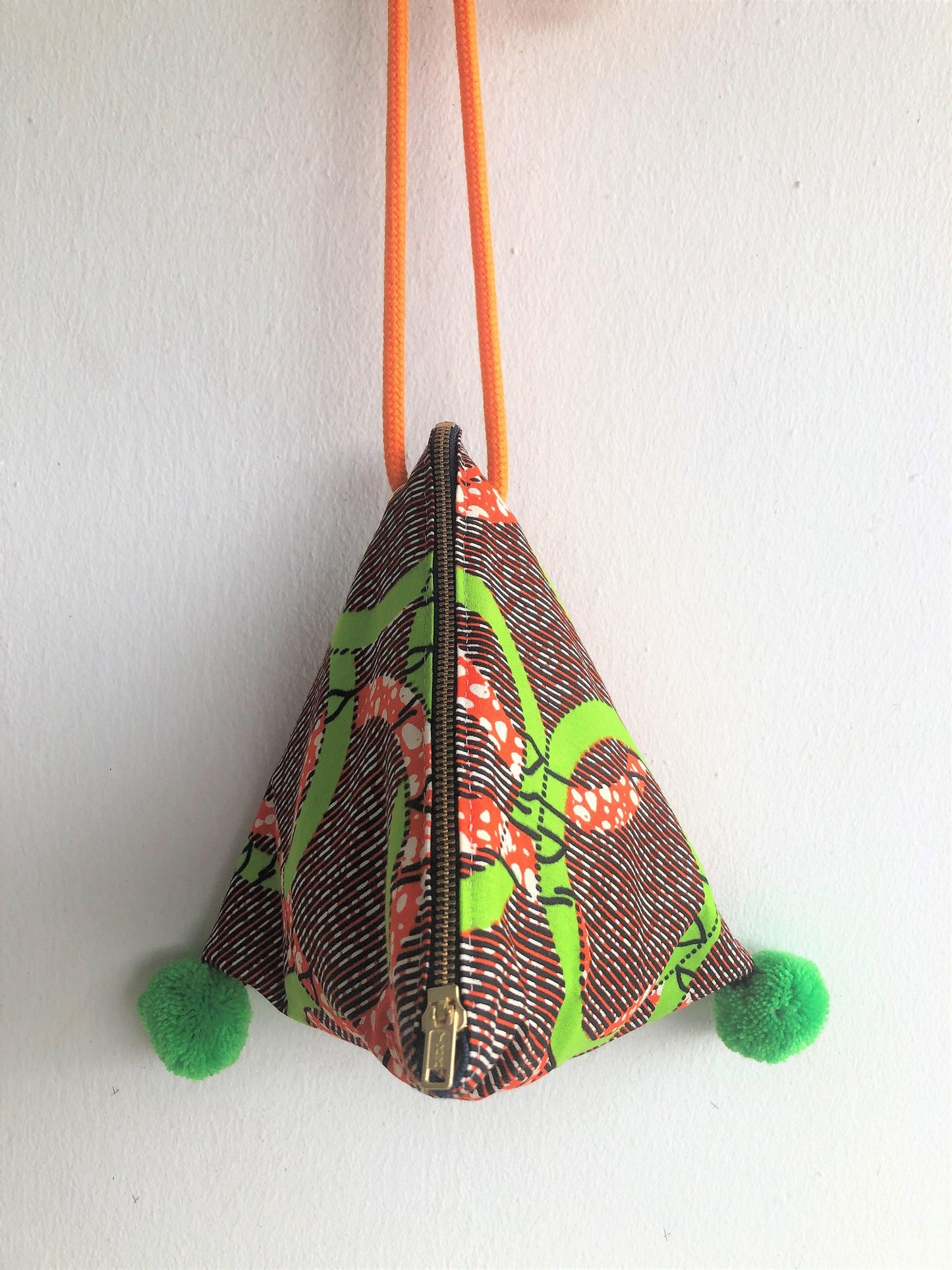 Dumpling triangle origami shoulder bag , cute pom pom eco bag, African textile | Ghana - Jiakuma