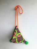 Dumpling triangle origami shoulder bag , cute pom pom eco bag, African textile | Ghana - Jiakuma