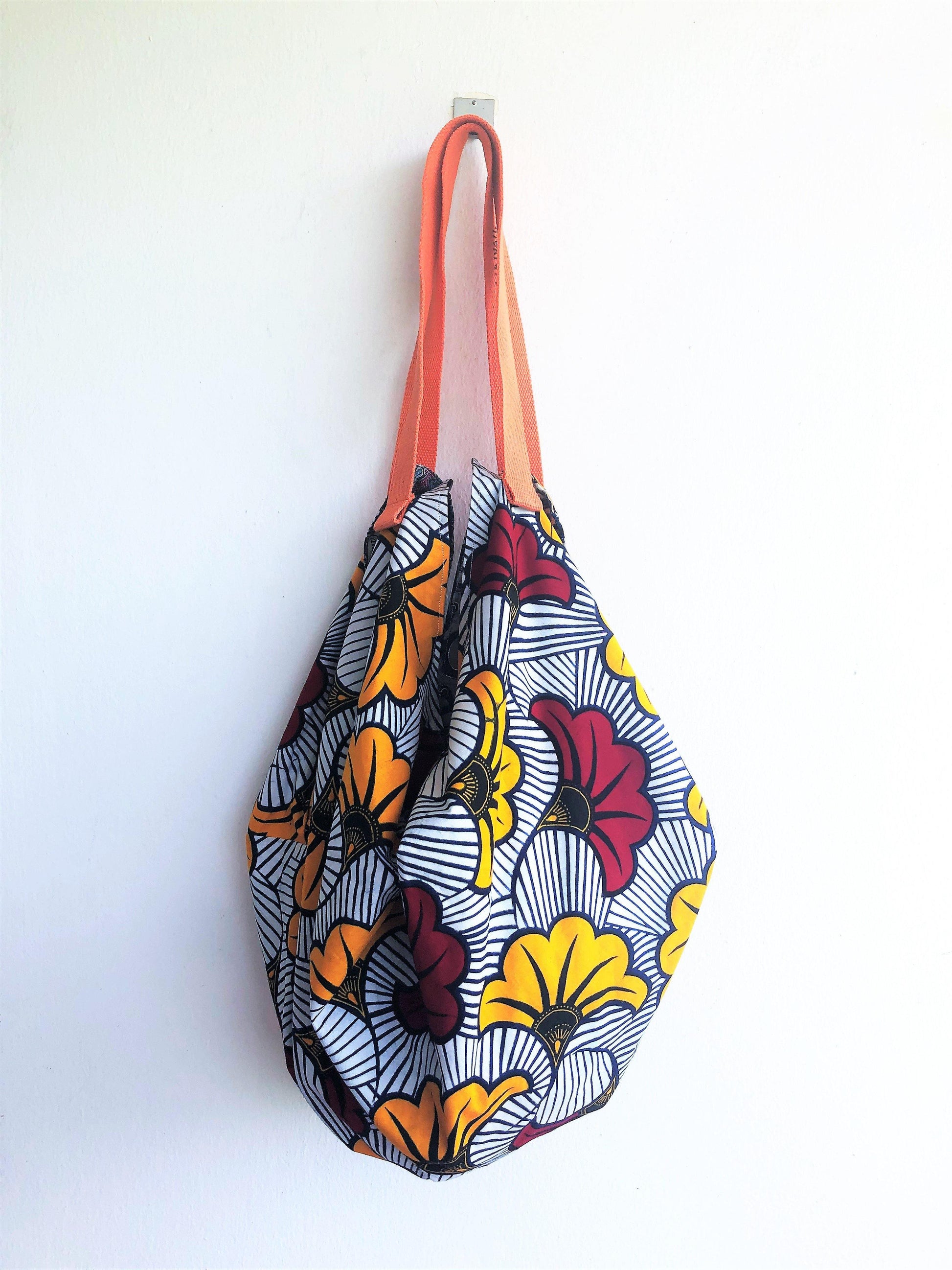 Shoulder Japanese inspired geometric sac origami bag, reversible bag | Flowers of Asia & Africa - Jiakuma