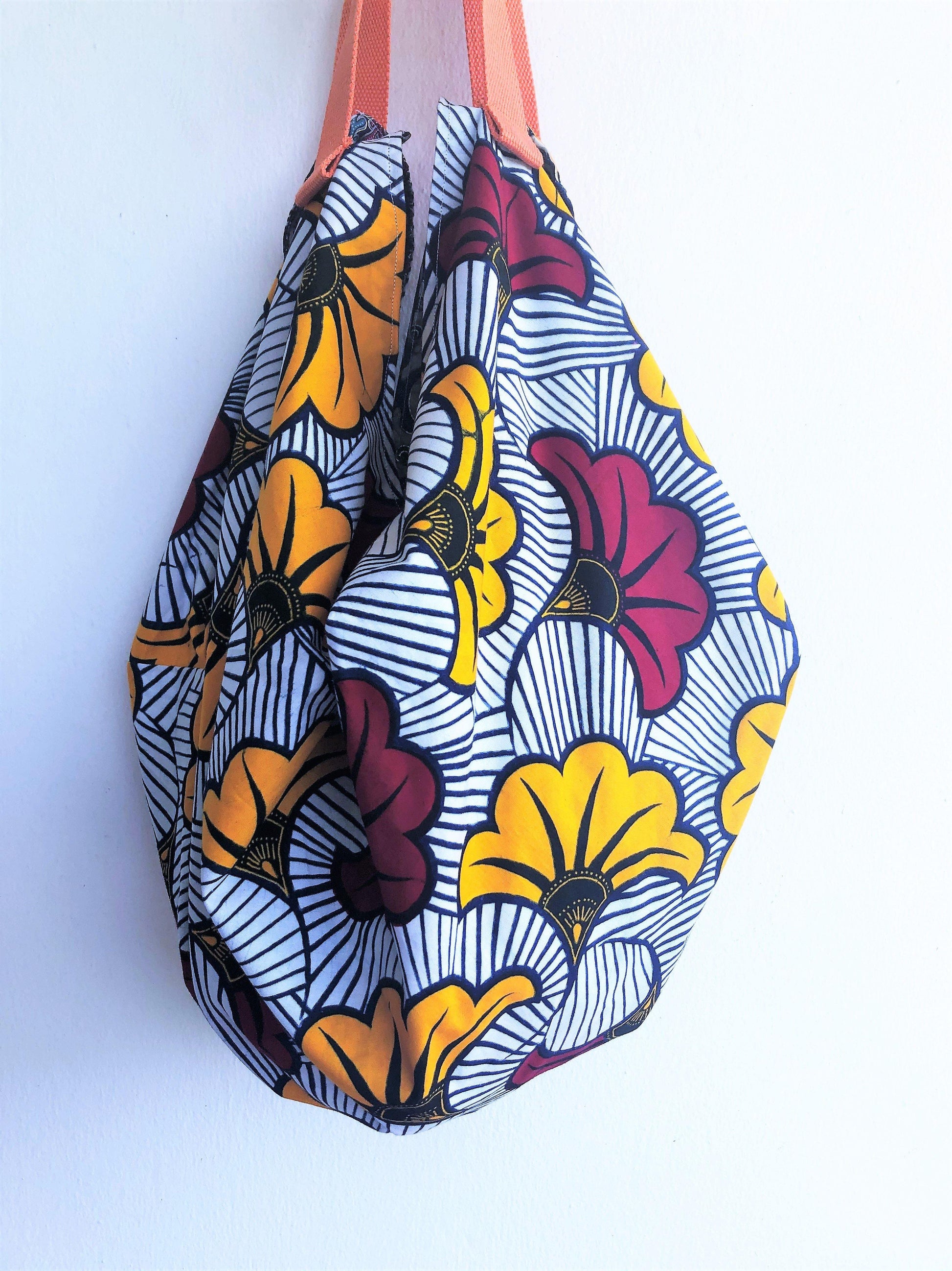 Shoulder Japanese inspired geometric sac origami bag, reversible bag | Flowers of Asia & Africa - Jiakuma