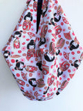 Shoulder sac origami bag , handmade fabric reversible eco bag |white kokeshi - Jiakuma