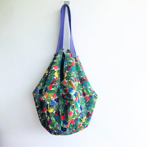 Colorful plants fabric bag, origami sac shoulder bag, shopping tote reversible bag | Desert flora - Jiakuma
