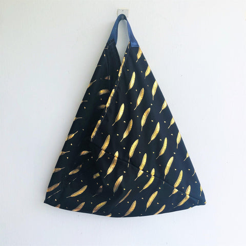 Triangle shoulder bag, origami bento bag, reusable bag, eco friendly shopping bag | Gold leaves - Jiakuma