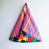 Origami colorful bento bag, ooak fabric reusable tote bag, triangle tote bag | Arlecchino in Pink - Jiakuma