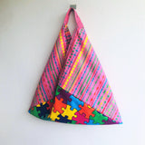 Origami colorful bento bag, ooak fabric reusable tote bag, triangle tote bag | Arlecchino in Pink - Jiakuma