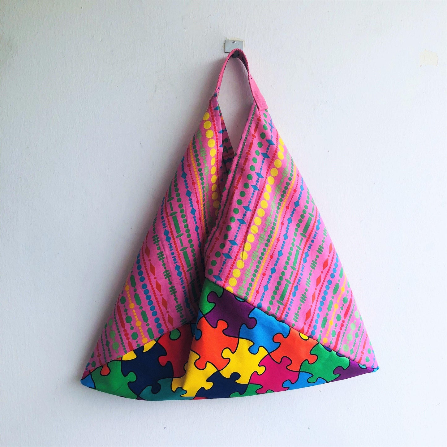 Origami colorful bento bag, ooak fabric reusable tote bag, triangle tote bag | Arlecchino in Pink - Jiakuma