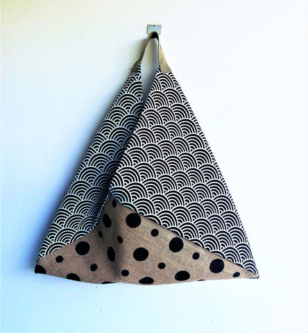 Origami bento shoulder bag, Eco friendly Jute original tote bag | Japanese waves & Polka dots - Jiakuma